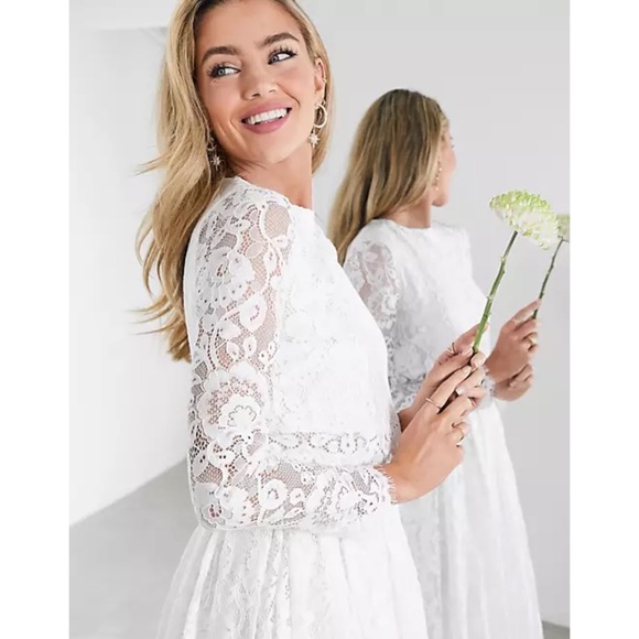 ASOS BRIDAL EDITION Grace Lace Long Sleeve Crop Top Maxi Wedding Dress - Picture 4 of 16